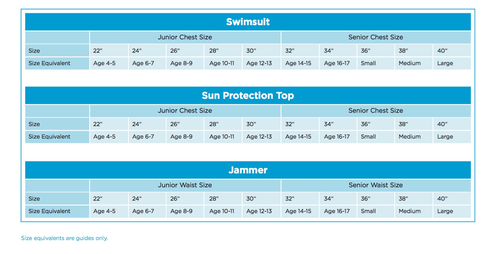 Praver Swim Size Chart